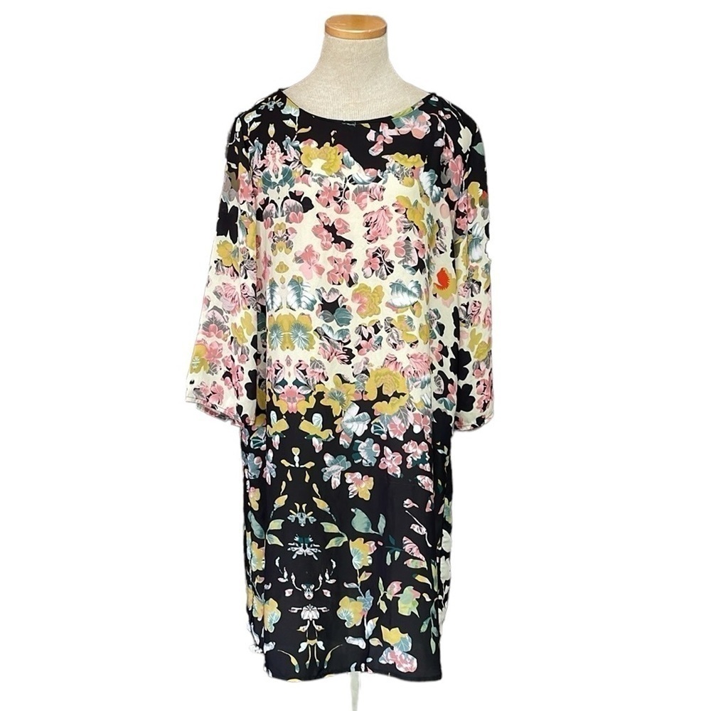 MNG Collection Dress Women's 10 Black Yellow Floral Silk Long Sleeve Boat Neck